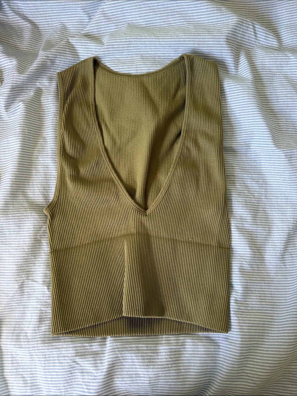 Ribbed V-Neck Sleeveless Knit Top - Olive